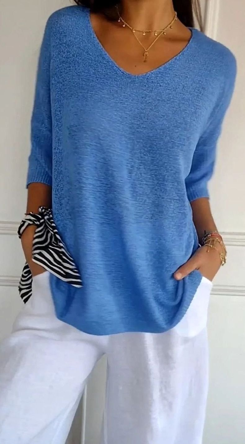 Women's Loose V-Neck Longline Knitted Tunic