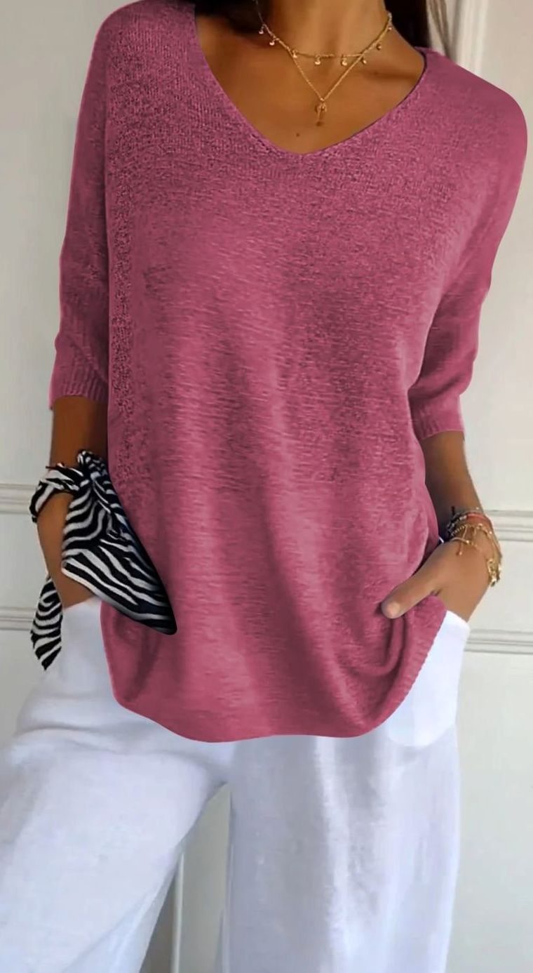 Women's Loose V-Neck Longline Knitted Tunic