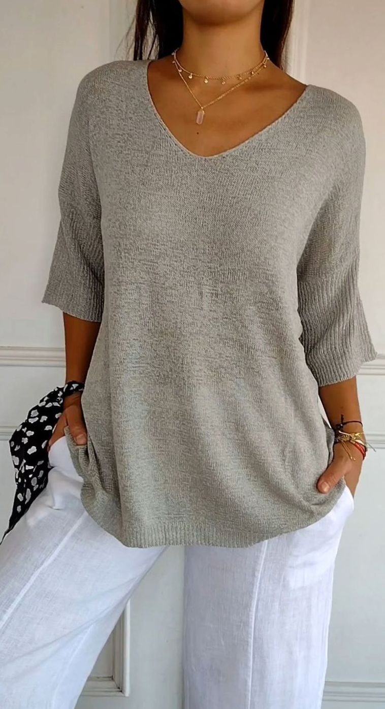 Women's Loose V-Neck Longline Knitted Tunic