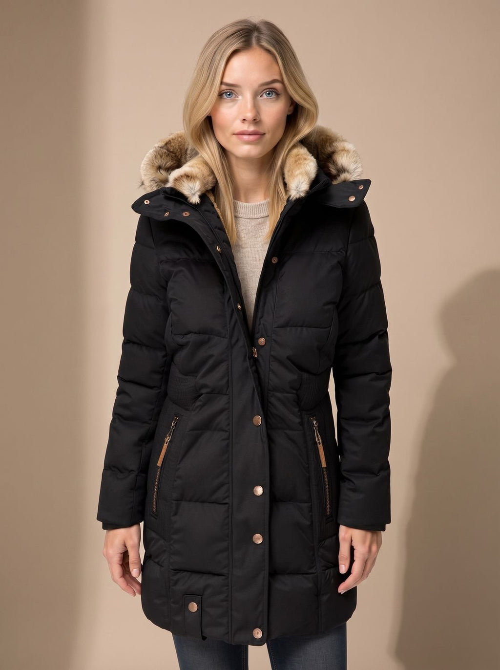 Women's Faux Fur Hood Quilted Longline Puffer Coat