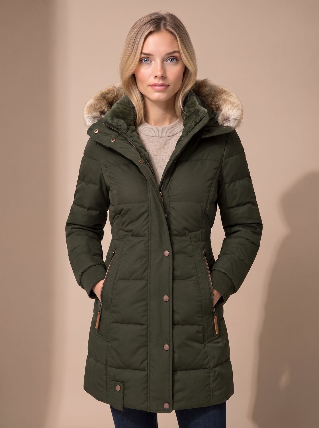 Women's Faux Fur Hood Quilted Longline Puffer Coat