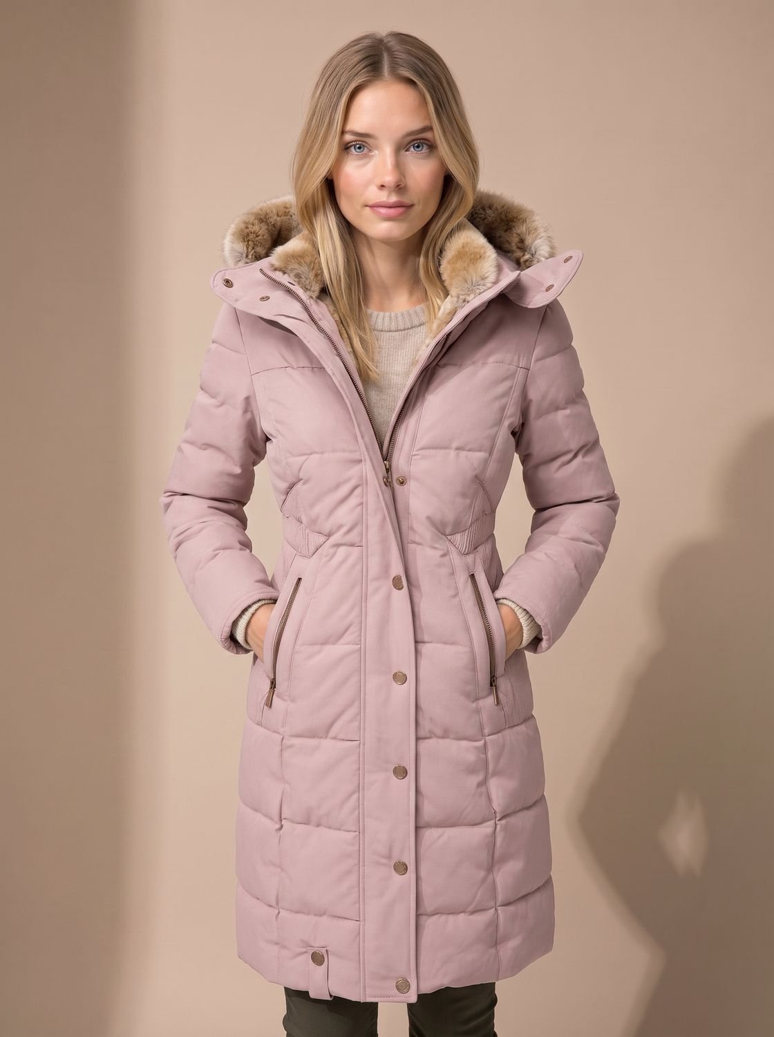 Women's Faux Fur Hood Quilted Longline Puffer Coat