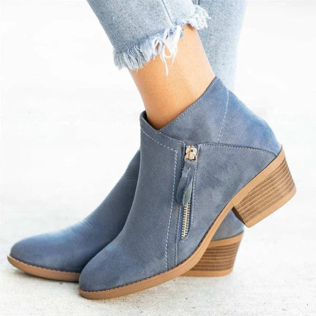 Women's Suede Low Heel Zip-Up Ankle Boots
