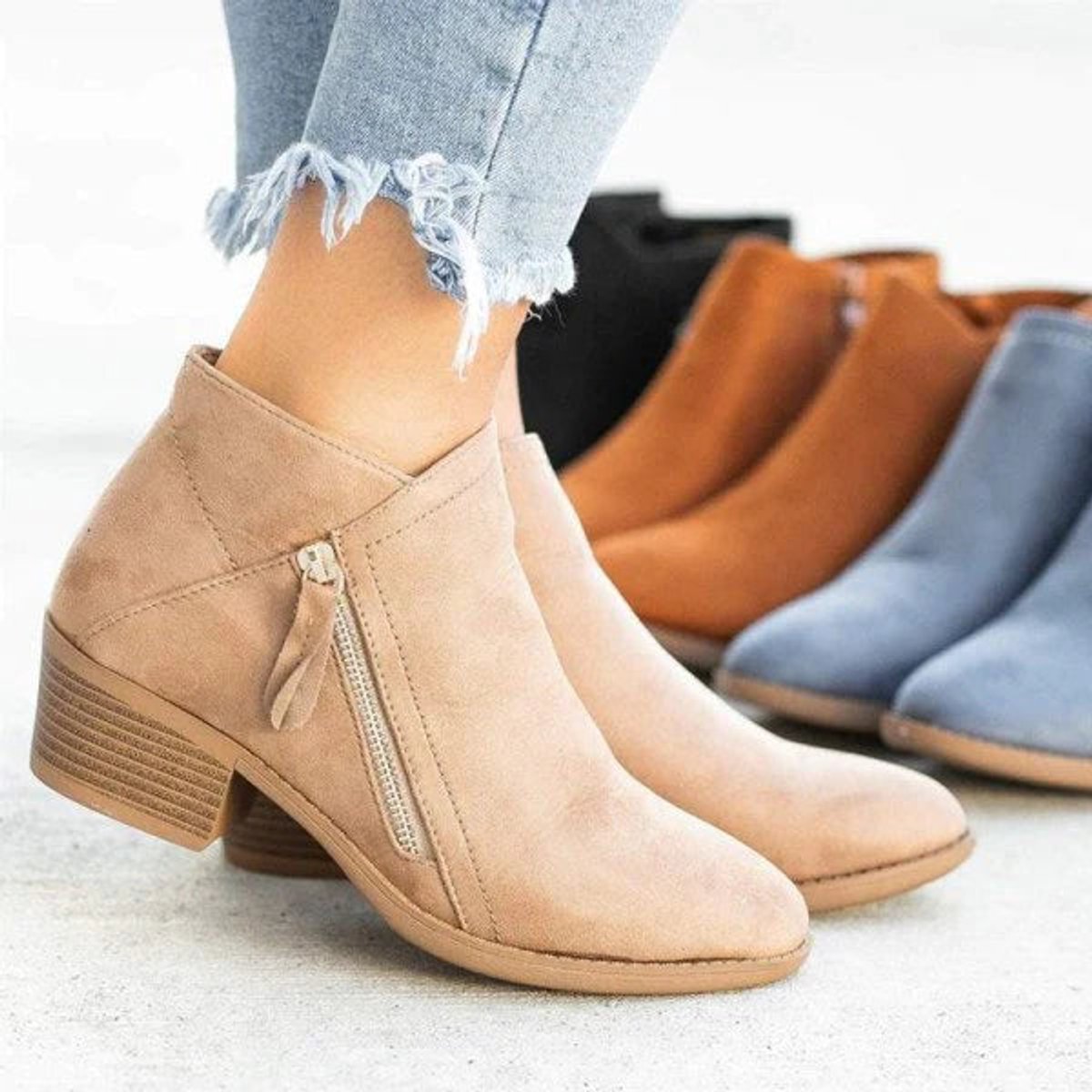 Women's Suede Low Heel Zip-Up Ankle Boots