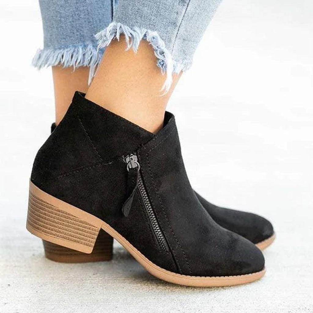 Women's Suede Low Heel Zip-Up Ankle Boots