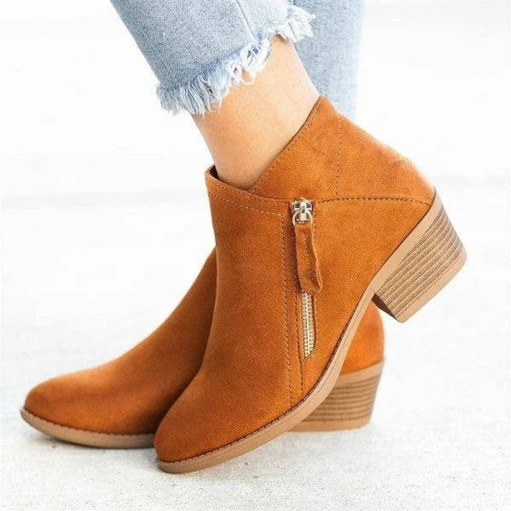 Women's Suede Low Heel Zip-Up Ankle Boots