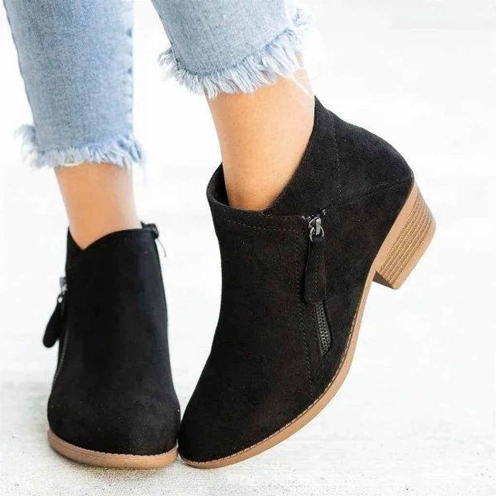 Women's Suede Low Heel Zip-Up Ankle Boots