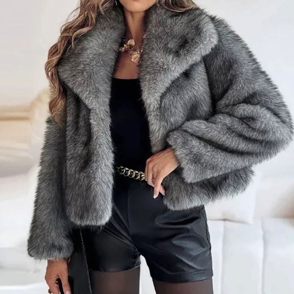 Women's Cropped Open-Front Faux Fur Jacket