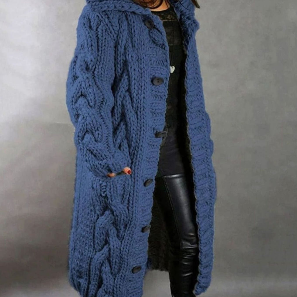 Women's Oversized Hooded Cable Knit Button-Through Cardigan