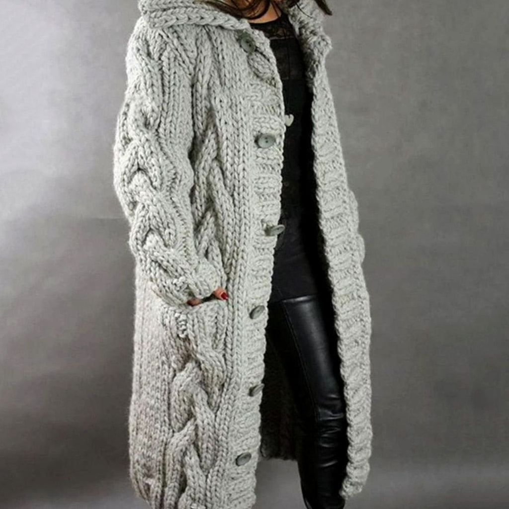 Women's Oversized Hooded Cable Knit Button-Through Cardigan