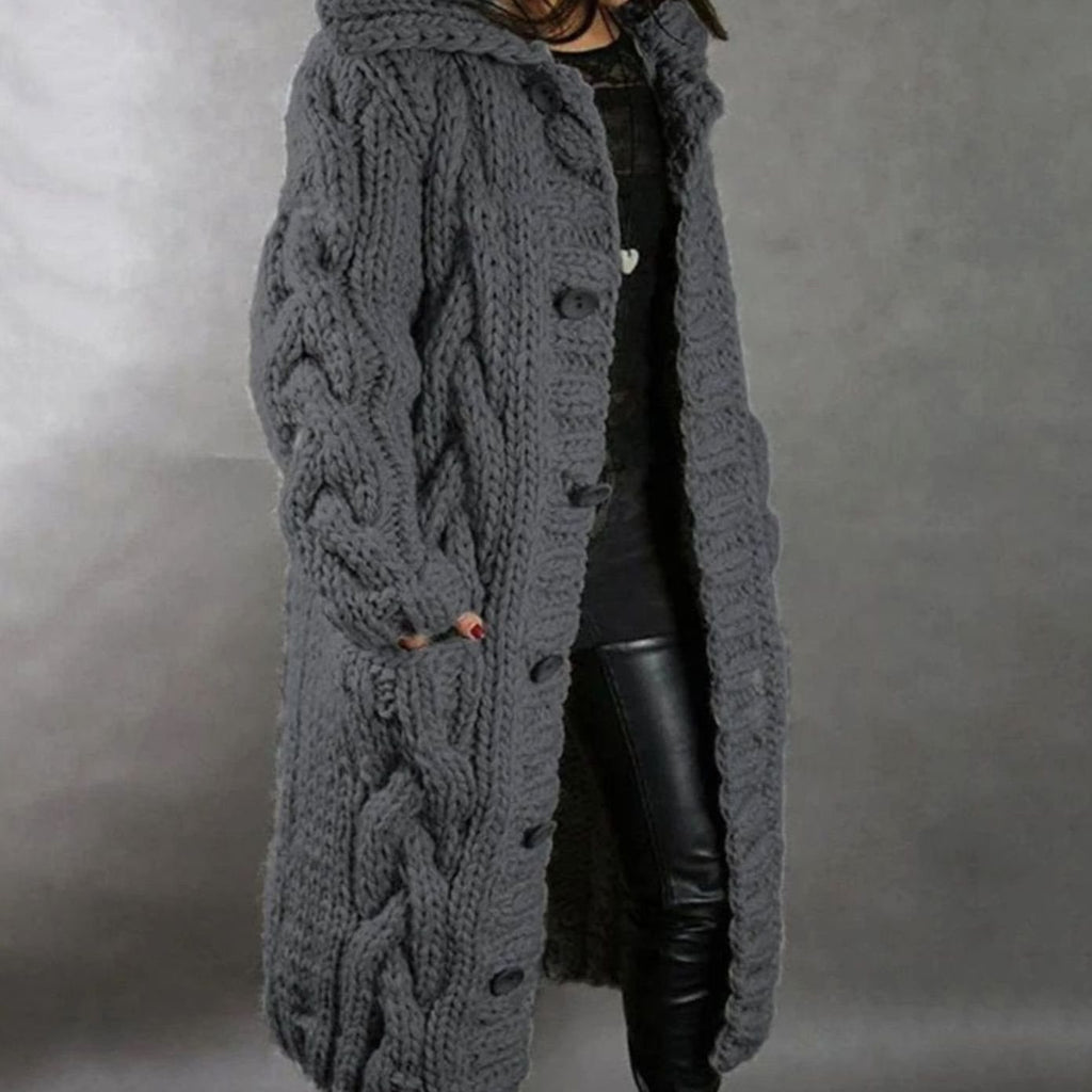Women's Oversized Hooded Cable Knit Button-Through Cardigan