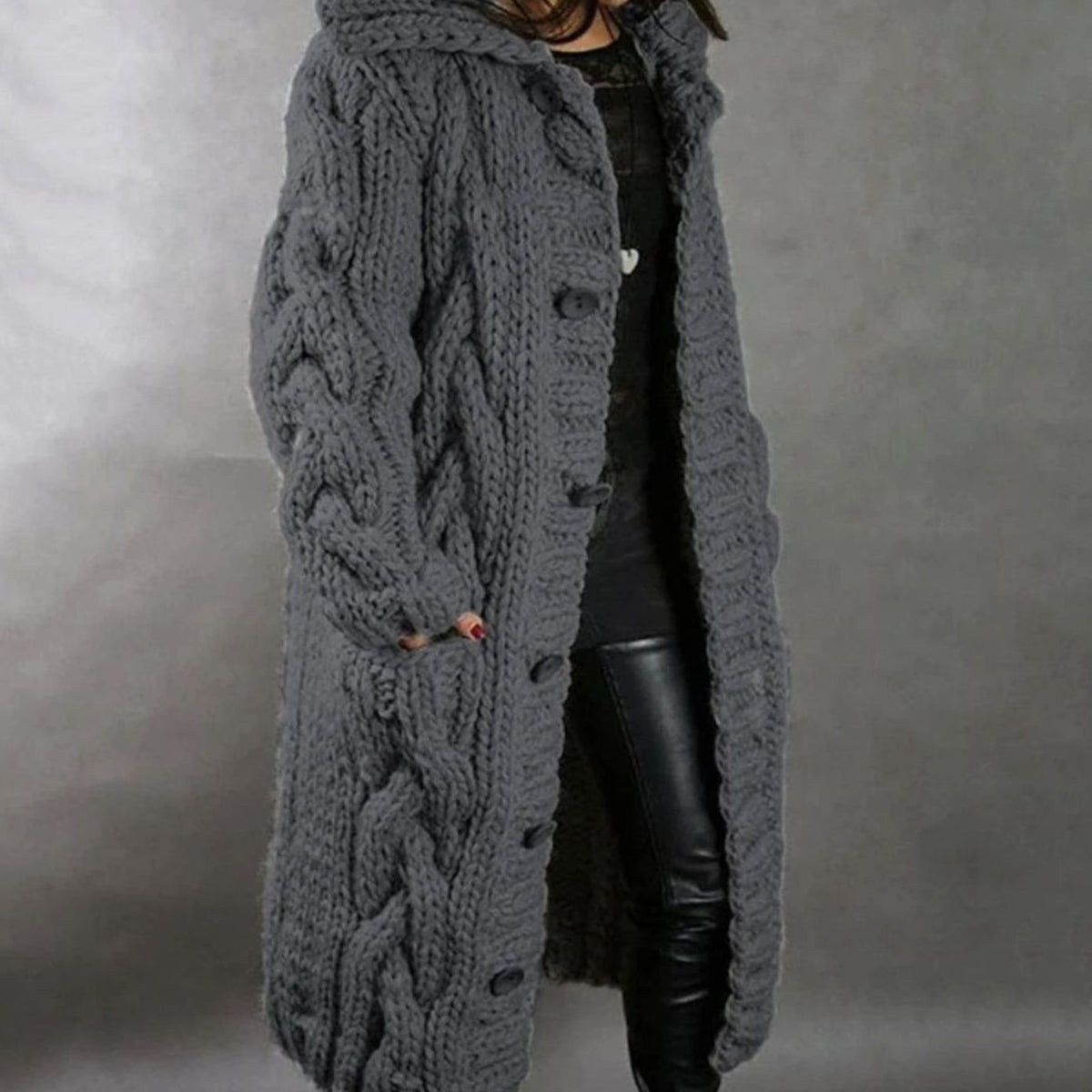 Women's Oversized Hooded Cable Knit Button-Through Cardigan