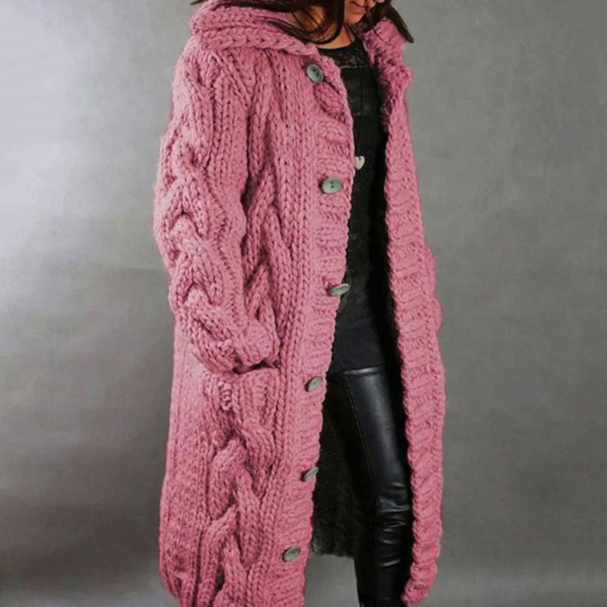 Women's Oversized Hooded Cable Knit Button-Through Cardigan