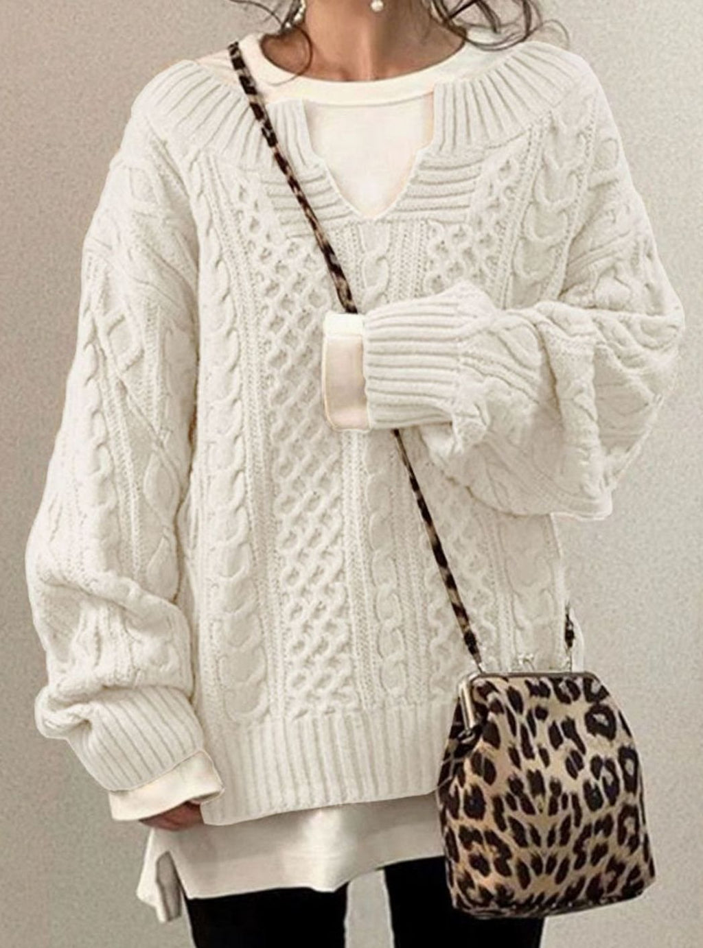 Women's Cable Knit V-Neck Oversized Jumper