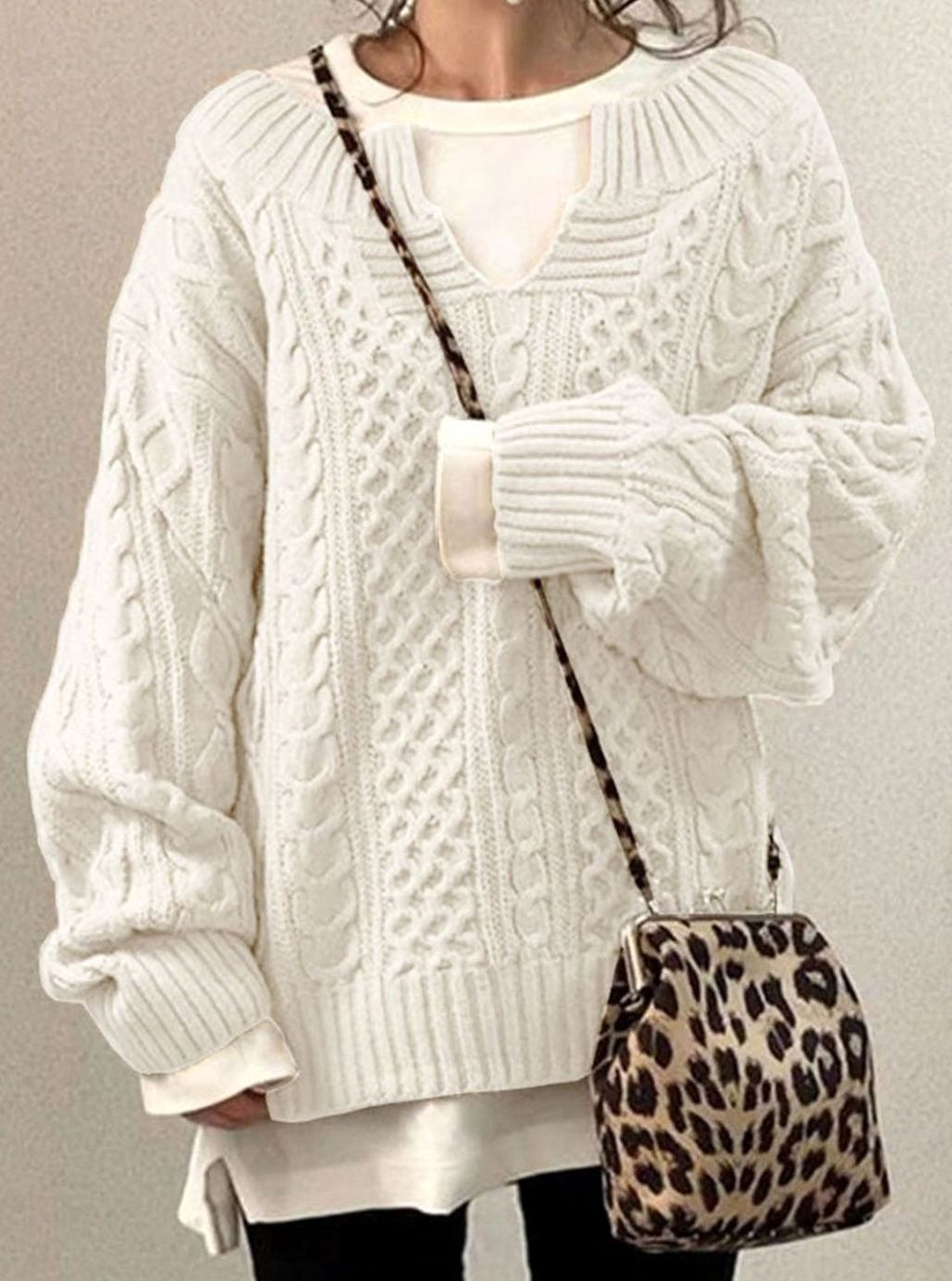 Women's V-Neck Oversized Cable Knit Pullover