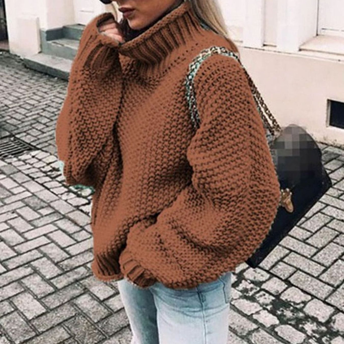 Women's Chunky Knit Oversized Polo Neck Pullover