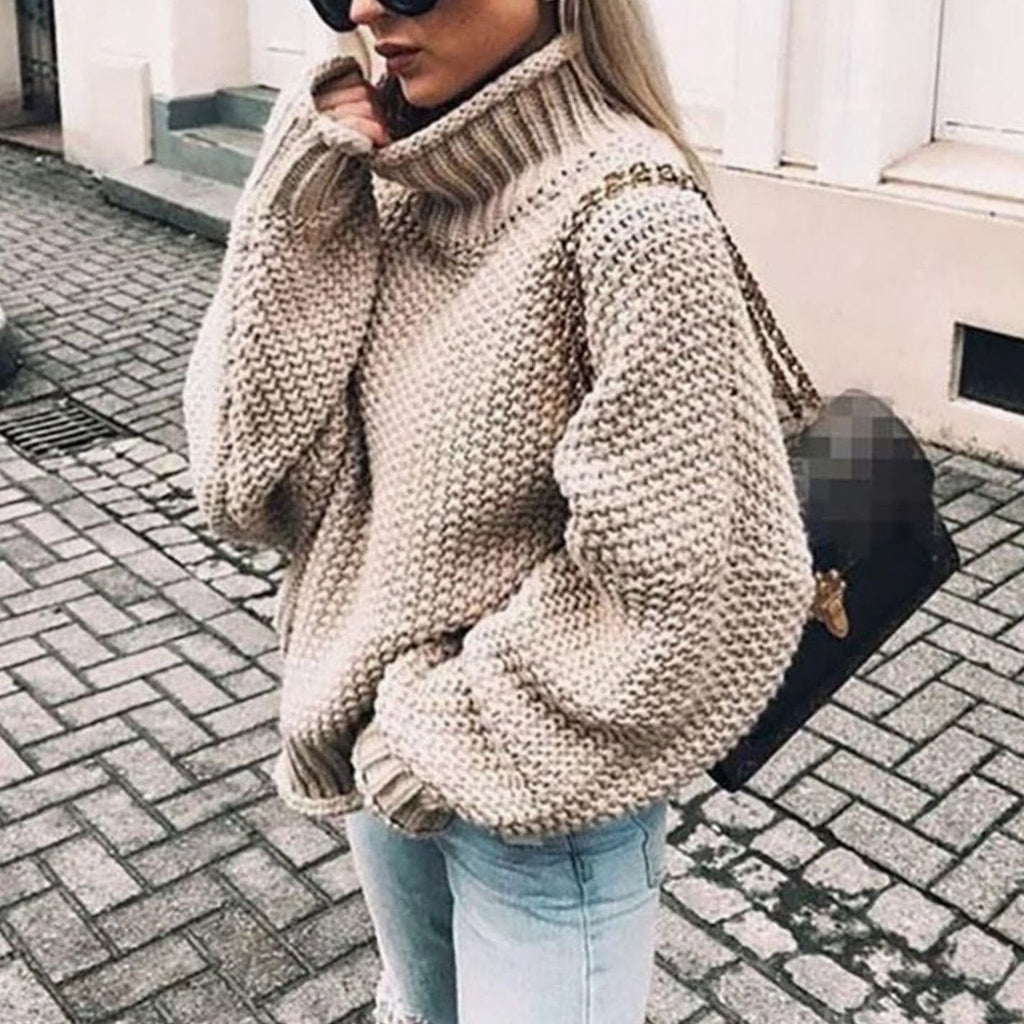 Women's Chunky Knit Oversized Polo Neck Pullover