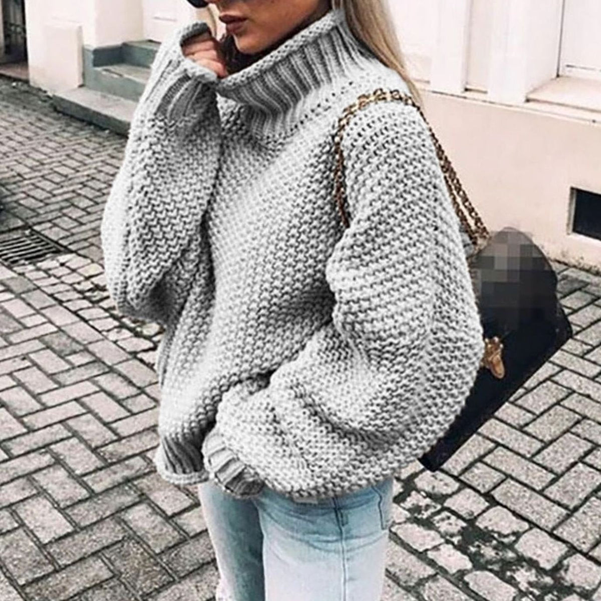Women's Chunky Knit Oversized Polo Neck Pullover