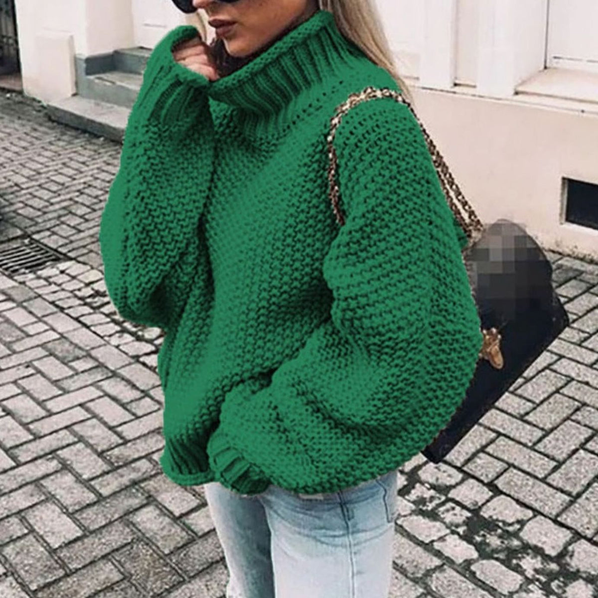 Women's Chunky Knit Oversized Polo Neck Pullover