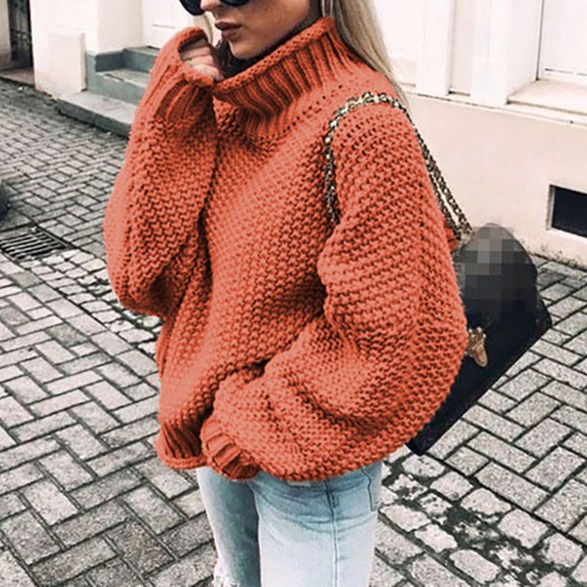 Women's Chunky Knit Oversized Polo Neck Pullover