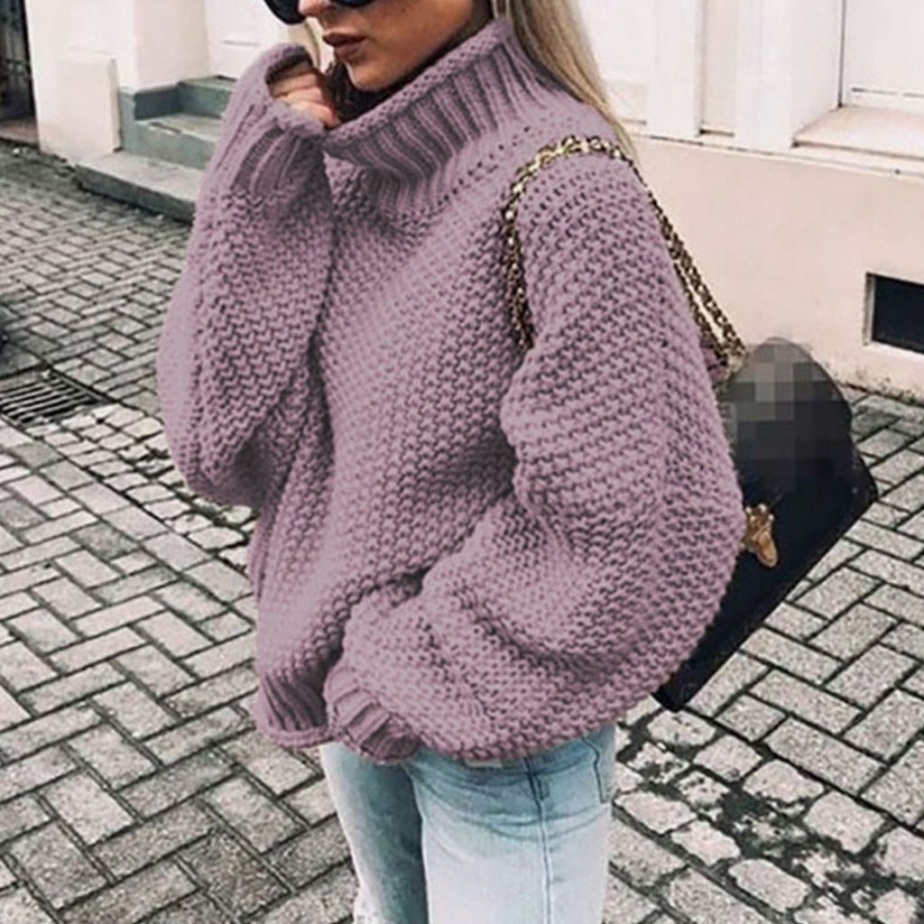 Women's Chunky Knit Oversized Polo Neck Pullover