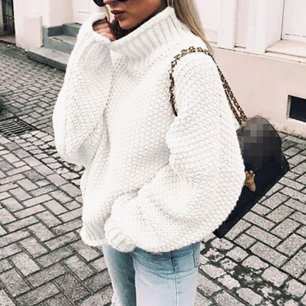Women's Chunky Knit Oversized Polo Neck Pullover
