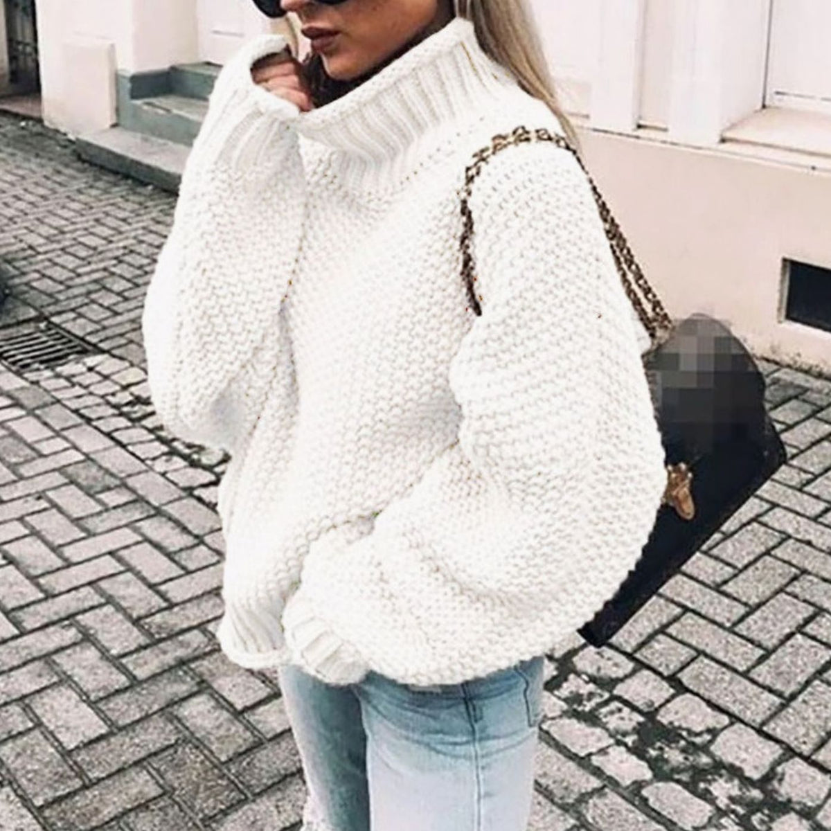 Women's Chunky Knit Oversized Polo Neck Pullover