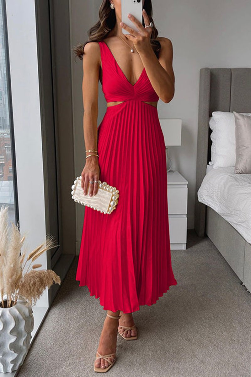 Women's Cut-Out Pleated V-Neck Party Maxi Dress