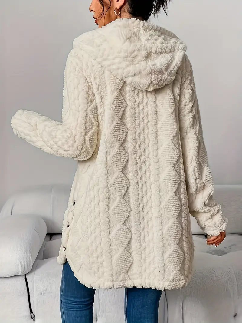 Women's Longline Plush Hooded Button-Through Cardigan