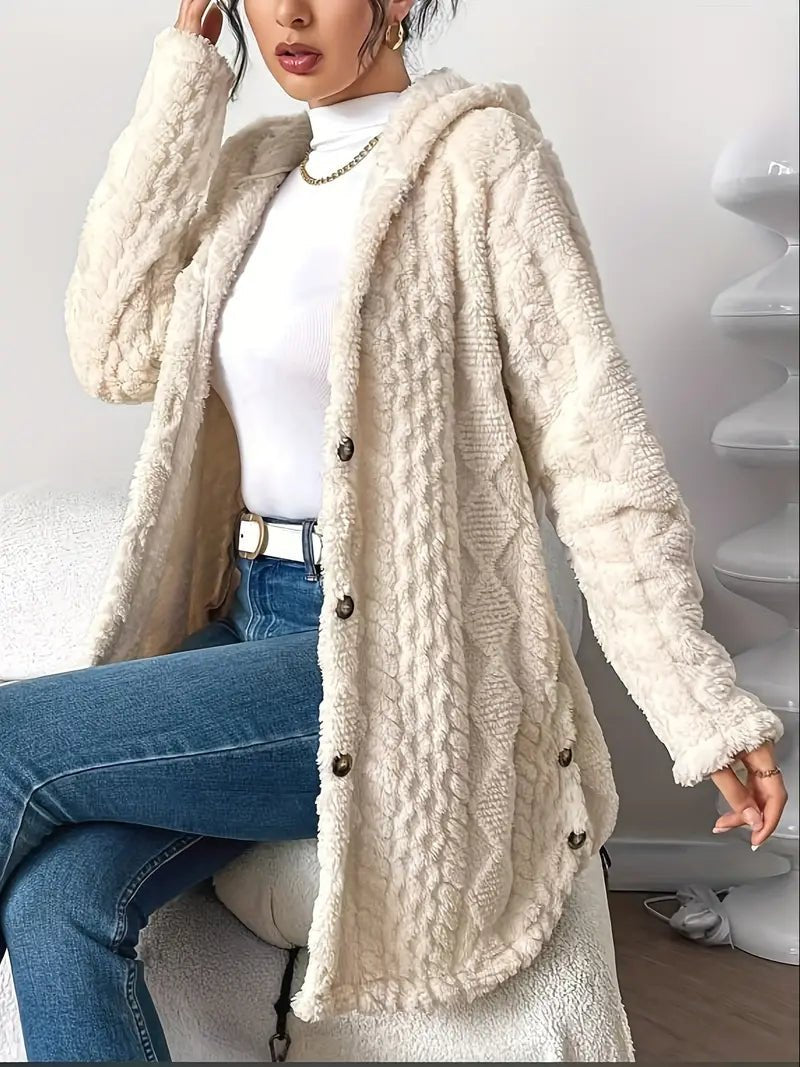 Women's Longline Plush Hooded Button-Through Cardigan