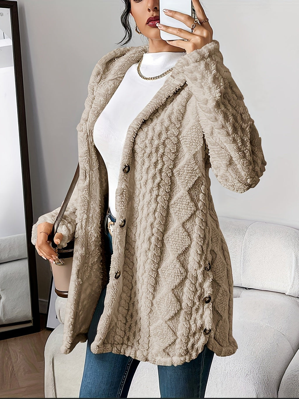 Women's Longline Plush Hooded Button-Through Cardigan