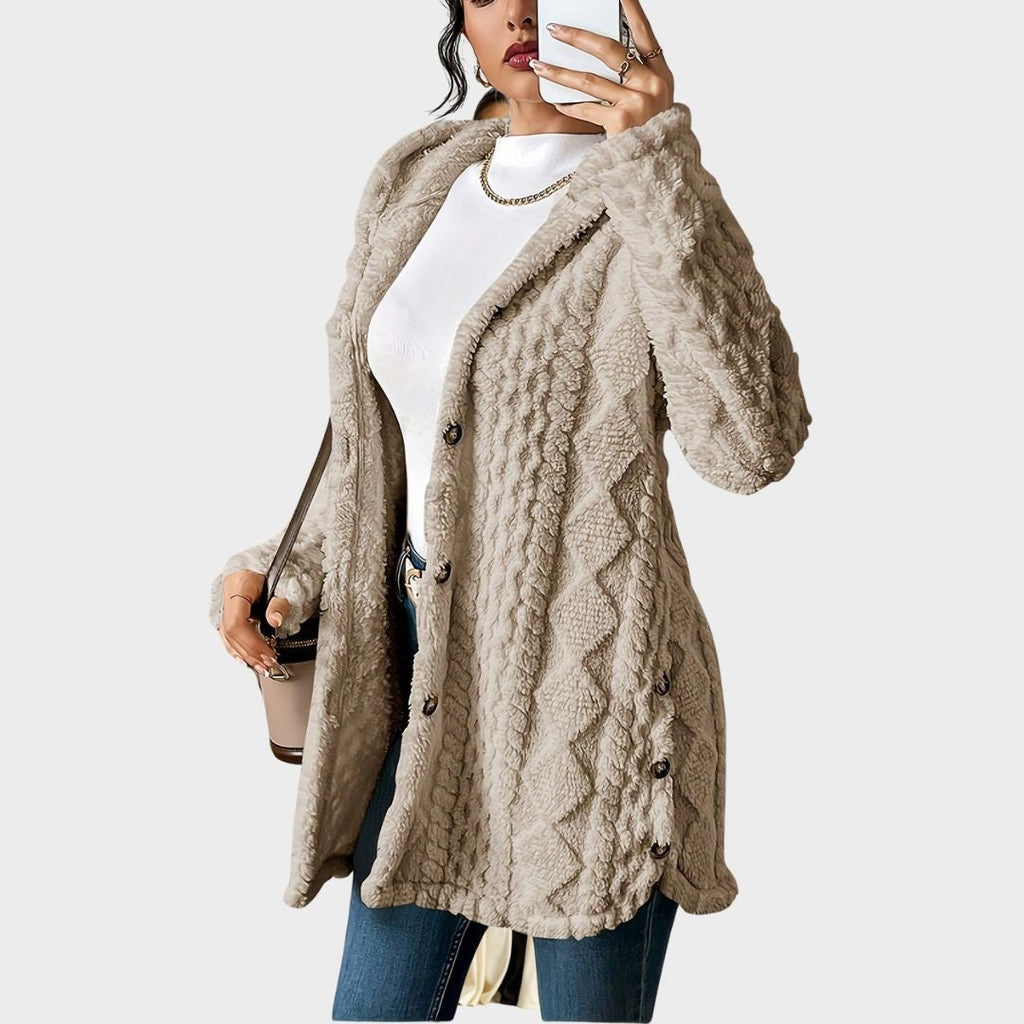 Women's Longline Plush Hooded Button-Through Cardigan