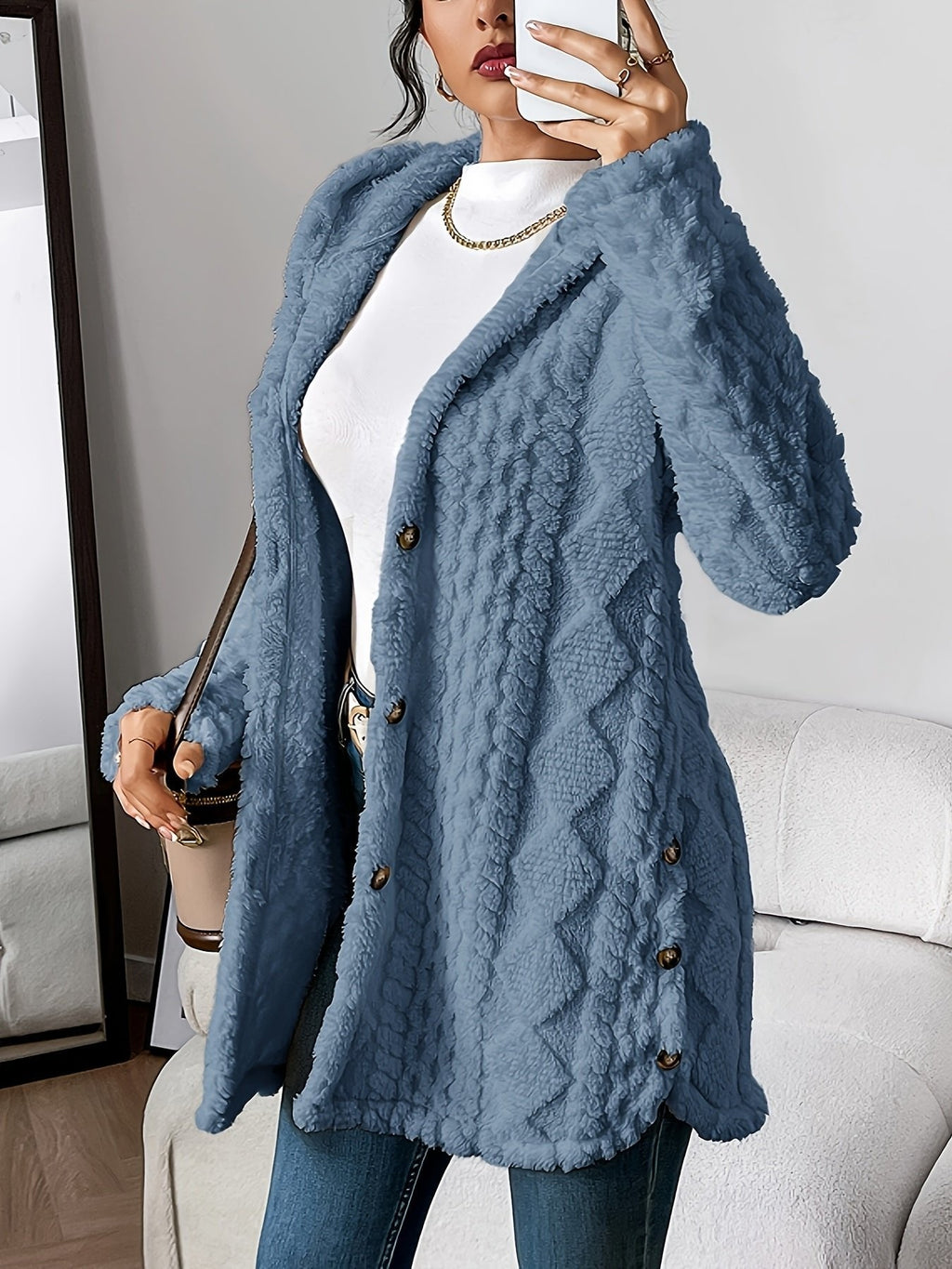 Women's Longline Plush Hooded Button-Through Cardigan