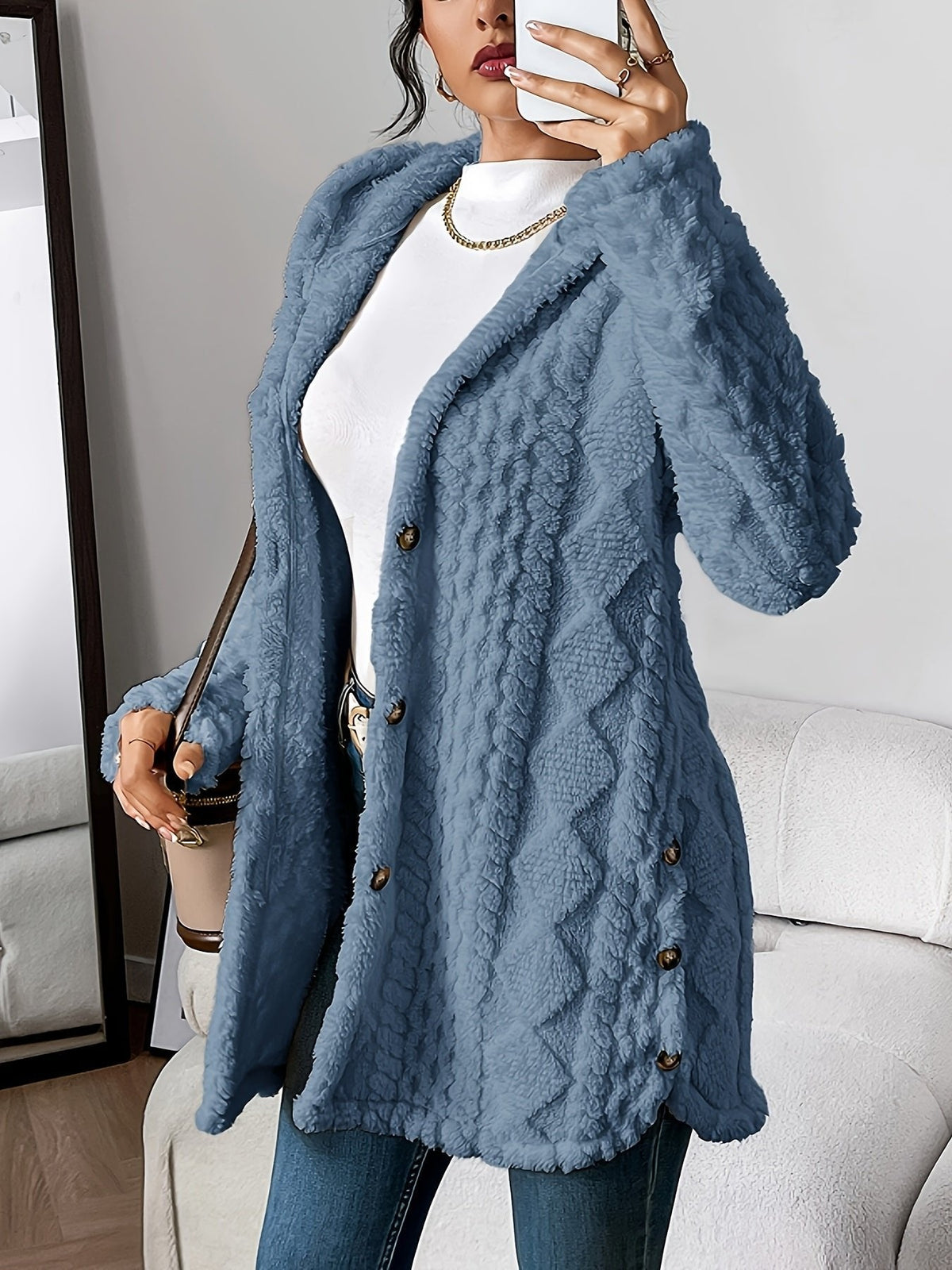 Women's Longline Plush Hooded Button-Through Cardigan