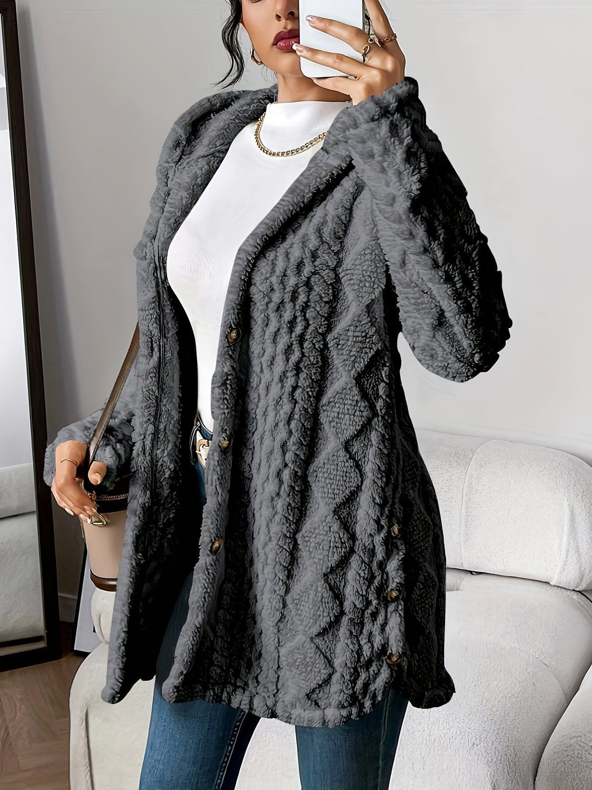 Women's Longline Plush Hooded Button-Through Cardigan