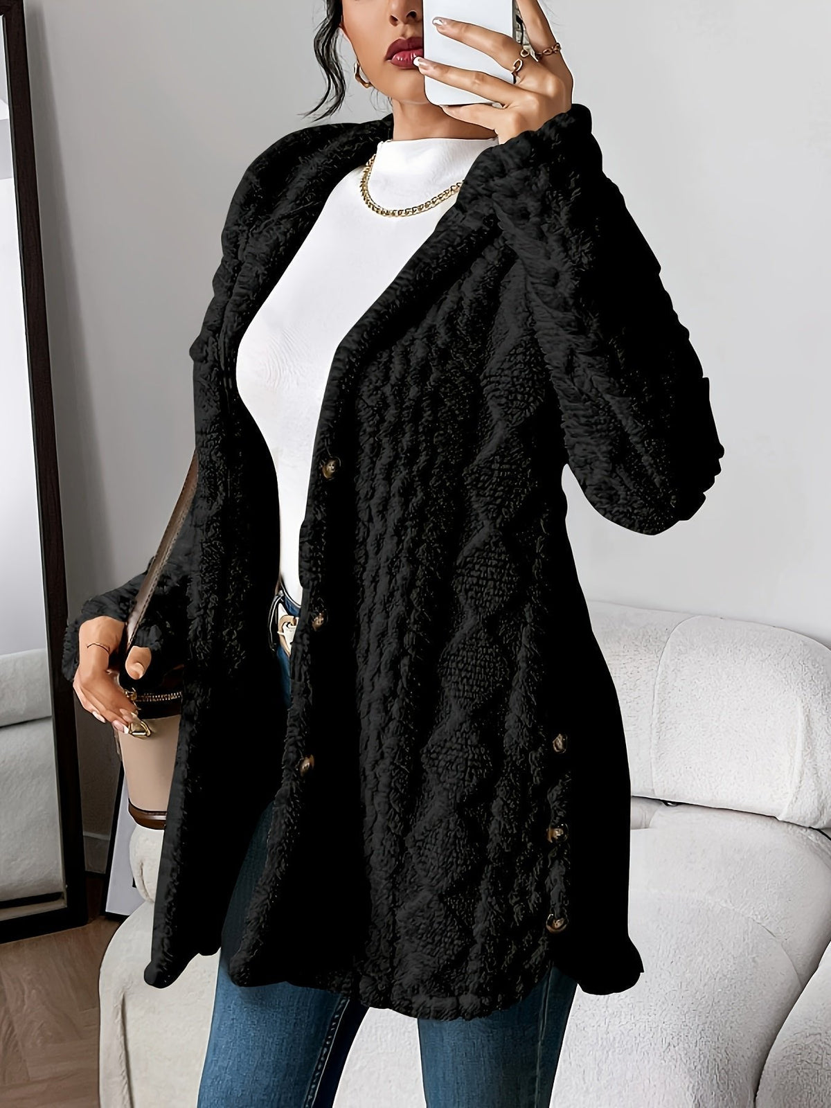 Women's Longline Plush Hooded Button-Through Cardigan
