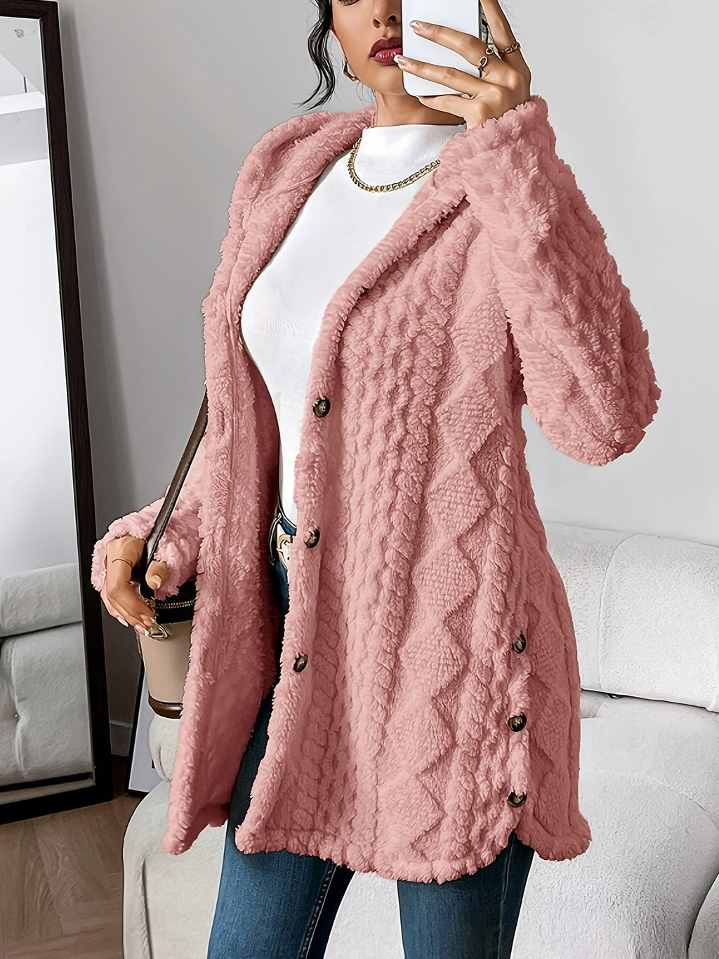 Women's Longline Plush Hooded Button-Through Cardigan