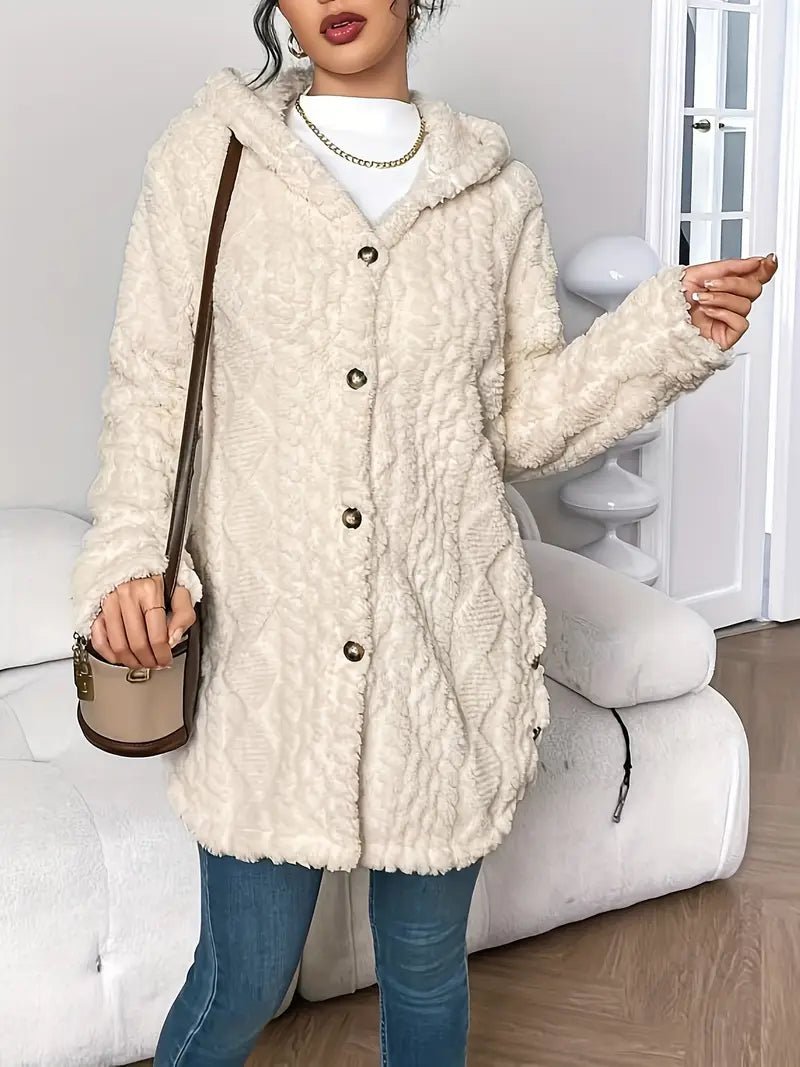 Women's Longline Plush Hooded Button-Through Cardigan