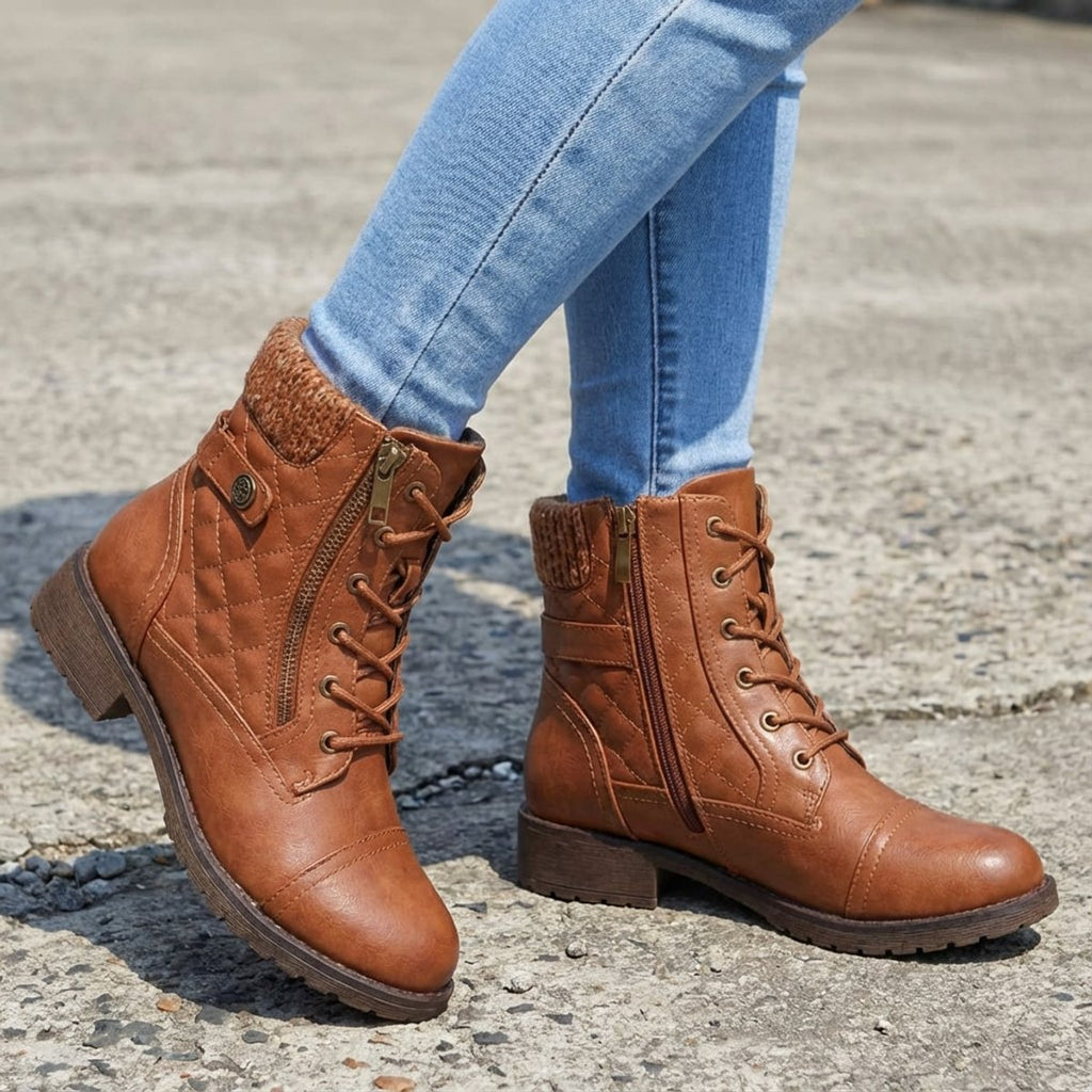 Women's Lace-Up Quilted Faux Leather Ankle Boots
