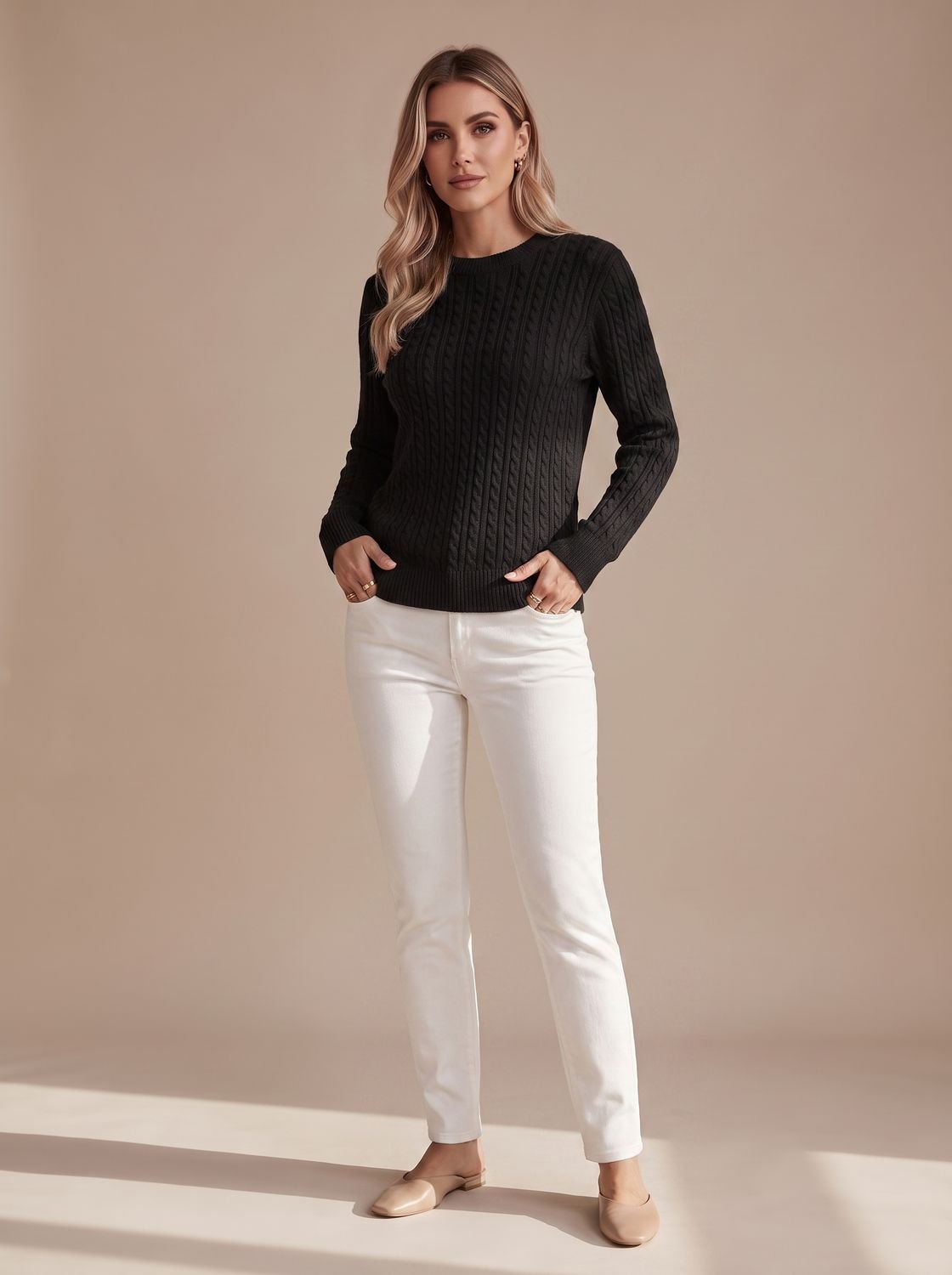 Women's Crew Neck Relaxed Cable Pullover