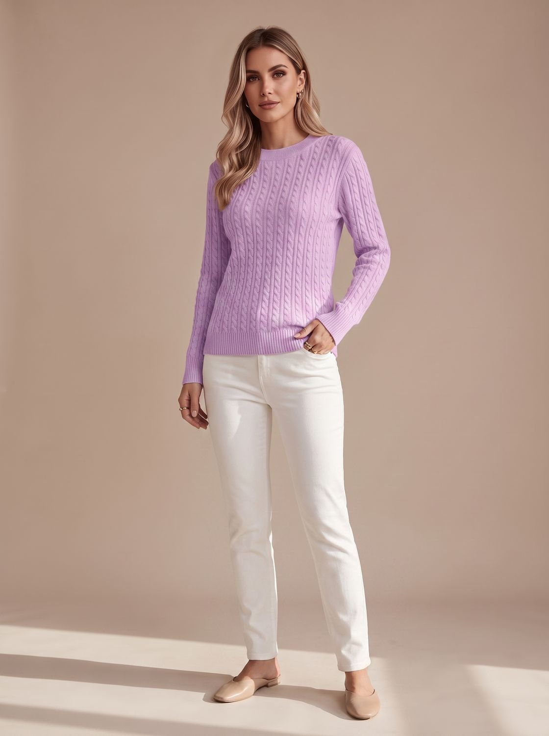 Women's Crew Neck Relaxed Cable Pullover