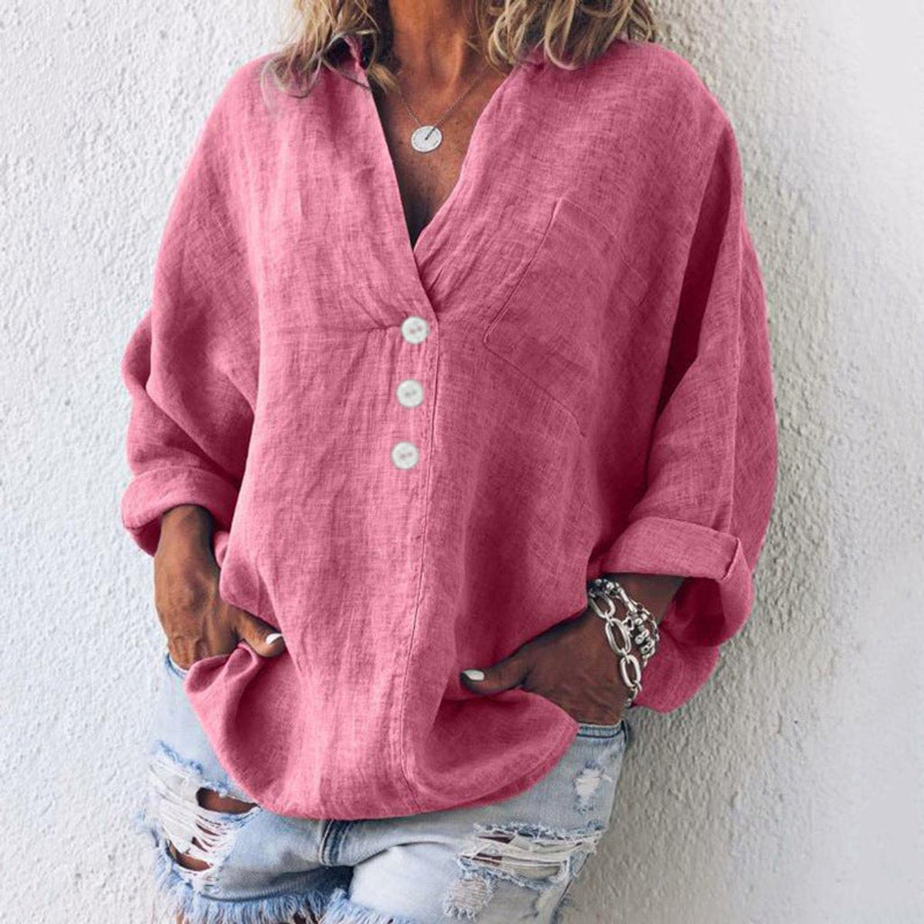 Women's Relaxed Cotton-Linen Buttoned Knit Top