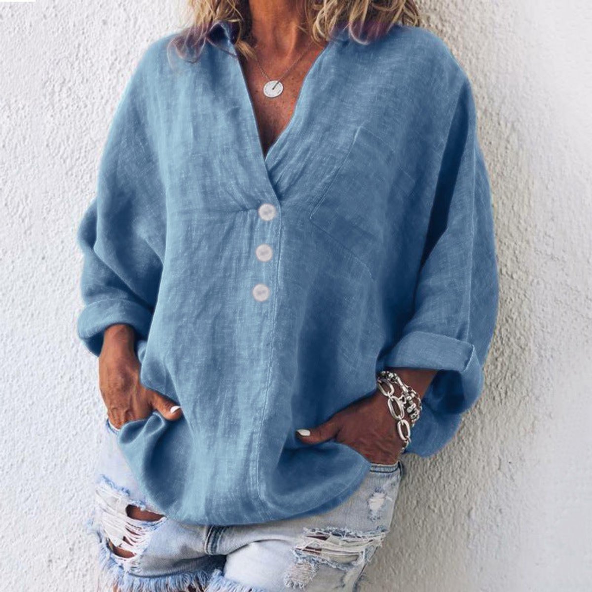 Women's Relaxed Cotton-Linen Buttoned Knit Top