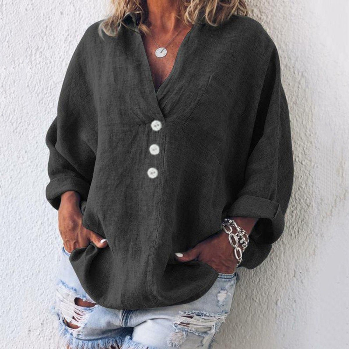 Women's Relaxed Cotton-Linen Buttoned Knit Top