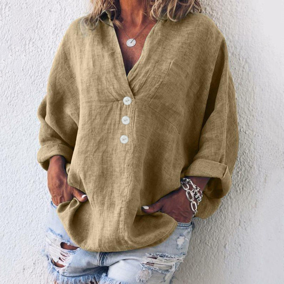 Women's Relaxed Cotton-Linen Buttoned Knit Top