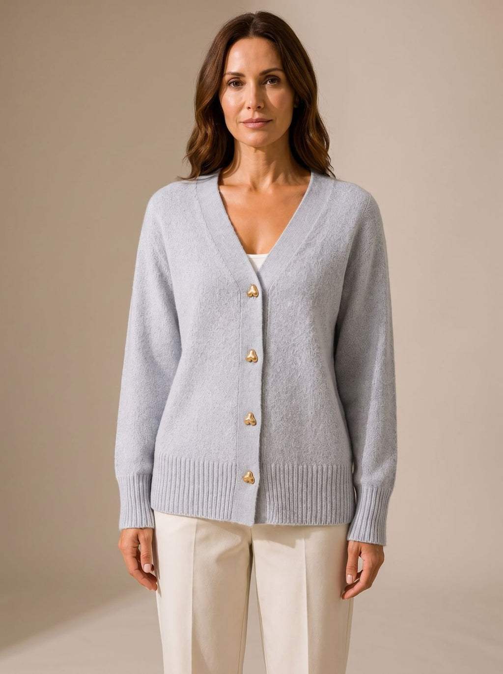 Women's Gold Heart-Button V-Neck Knit Cardigan