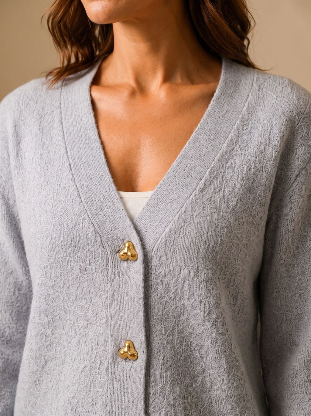 Women's Gold Heart-Button V-Neck Knit Cardigan