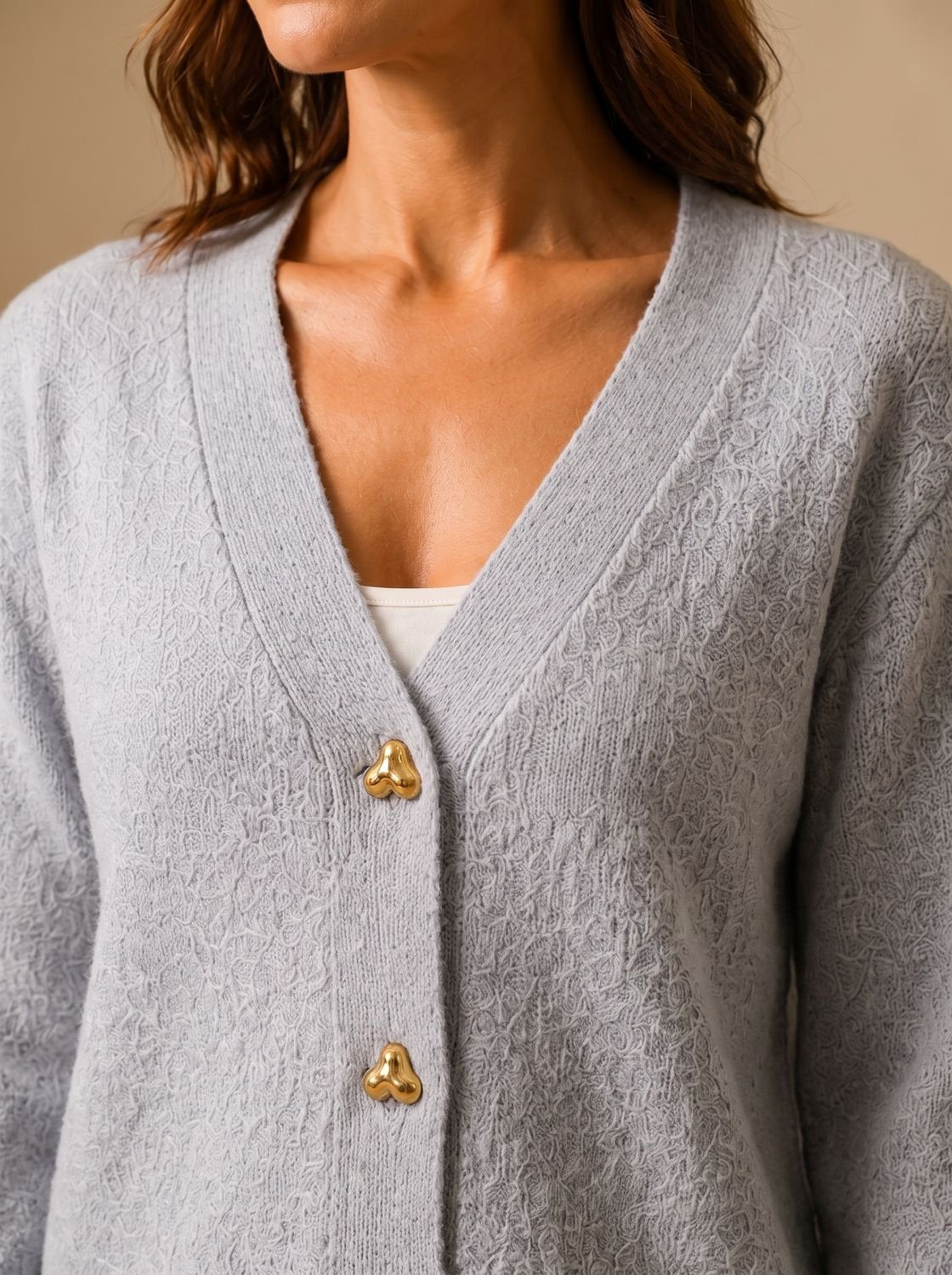 Women's Gold Heart-Button V-Neck Knit Cardigan