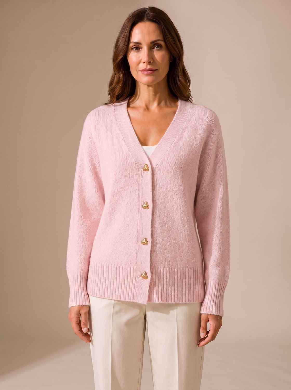 Women's Gold Heart-Button V-Neck Knit Cardigan