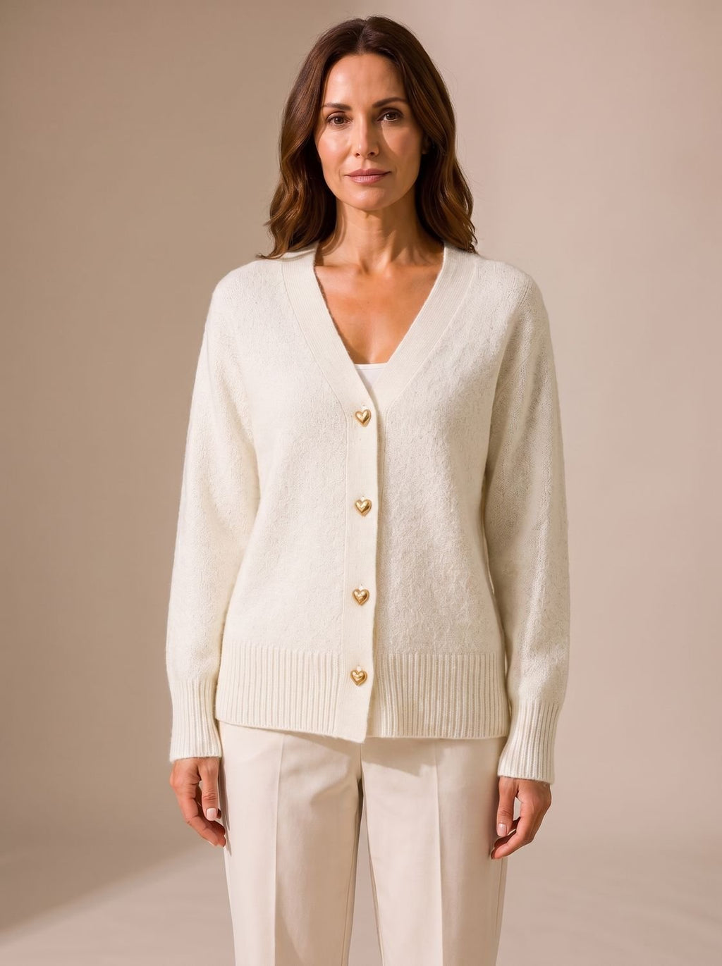Women's Gold Heart-Button V-Neck Knit Cardigan